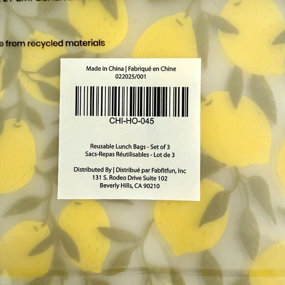 Reusable Lunch Sandwich Bags Set Of 3 Lemon Print BPA Free Dishwasher Safe 8x7in - Picture 9 of 9